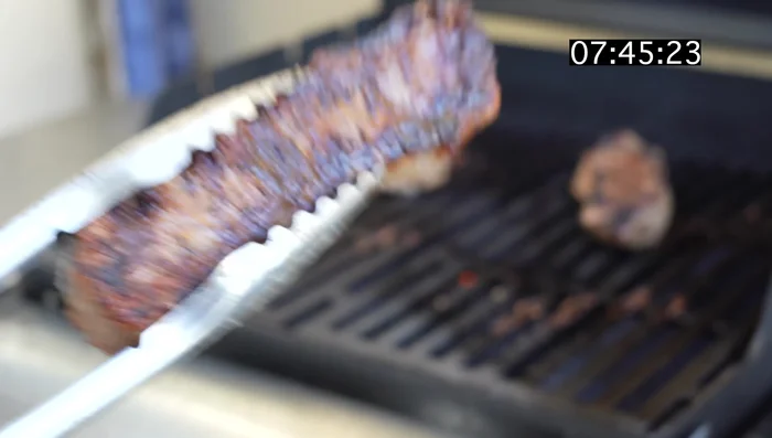 Remove steaks from grill after about 7 minutes 30 seconds and let them rest for 5-10 minutes.