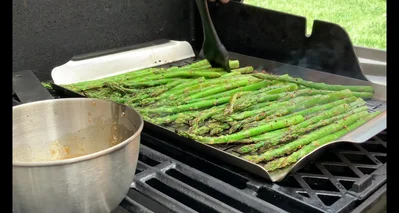 Baste the asparagus with fire honey.