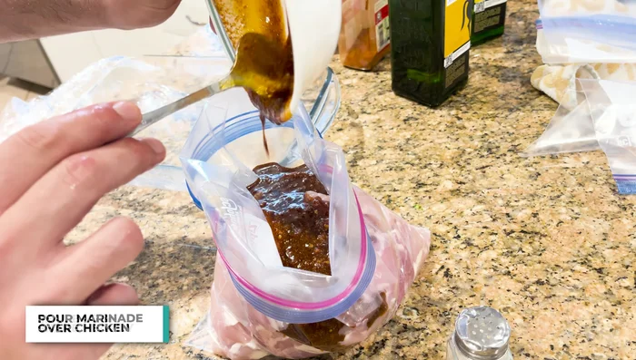 Marinate the chicken thighs. Place chicken thighs in a gallon Ziploc bag (or large bowl), pour the marinade over, seal, and shake/massage to coat thoroughly. Let it marinate for about 30 minutes.