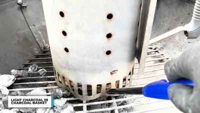 Let the charcoal burn for 10-15 minutes to get a ripping hot fire (until you see flames bursting from the coals).