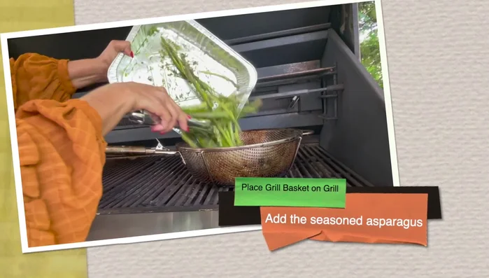 Grill Asparagus: Place seasoned asparagus in a grill basket and place it on the preheated grill over direct heat. Close the grill lid and cook for 8-15 minutes (depending on asparagus size), mixing a couple of times during cooking. Asparagus is ready when it's bright green and slightly charred.