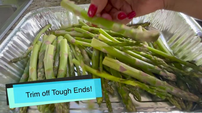 Prepare Asparagus: Trim the hard stems off the asparagus.