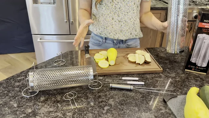 Prepare your vegetables (or other grill-friendly items): chop and toss with oil, garlic salt, and pepper.