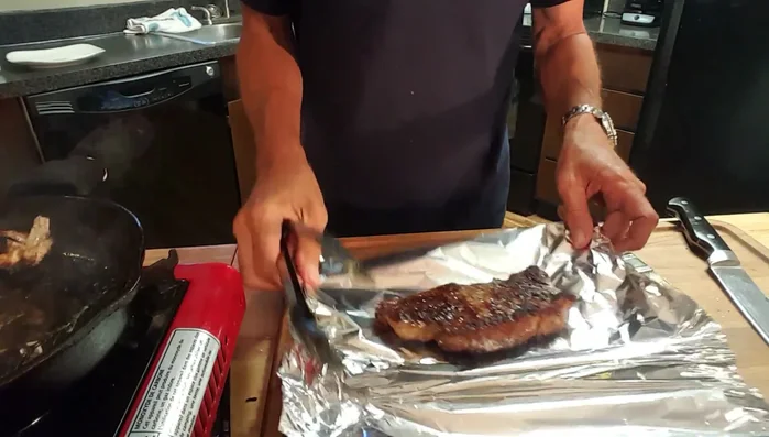 Rest the steak in foil for 10 minutes before slicing and serving.