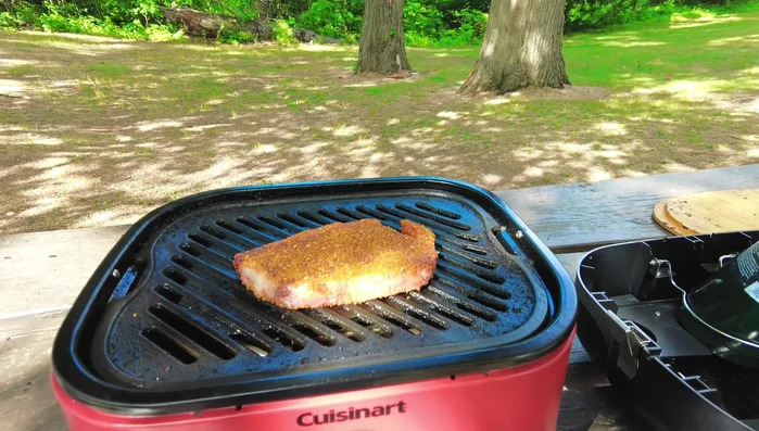 Grilled steak on portable Cuisinart grill