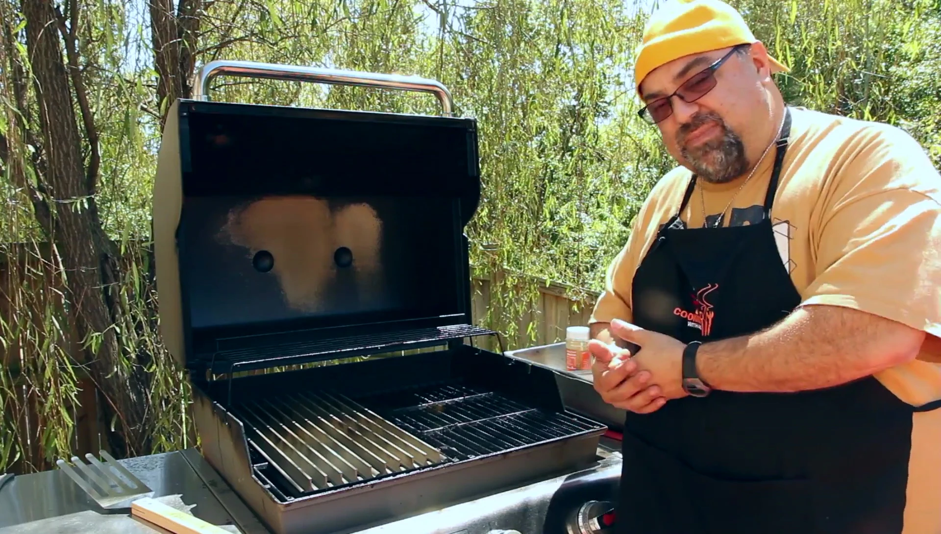 Grilled food on BBQ grill grates