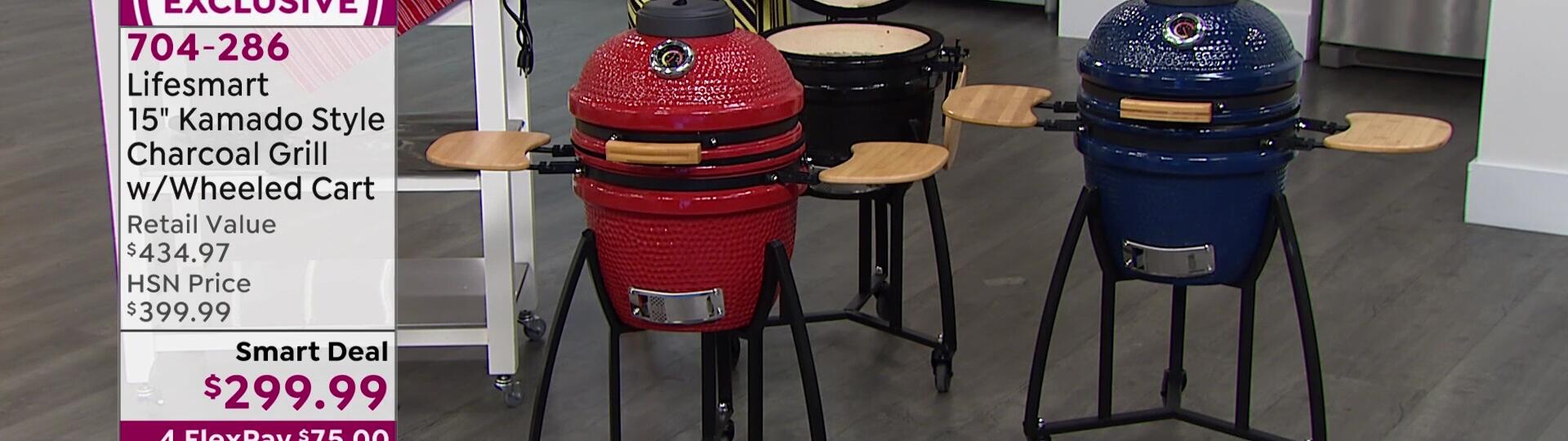 The enhanced grill with the stand and bamboo tables.