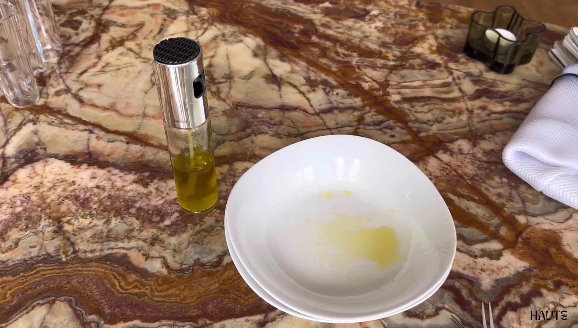 Olive oil sprayer bottle and bowl
