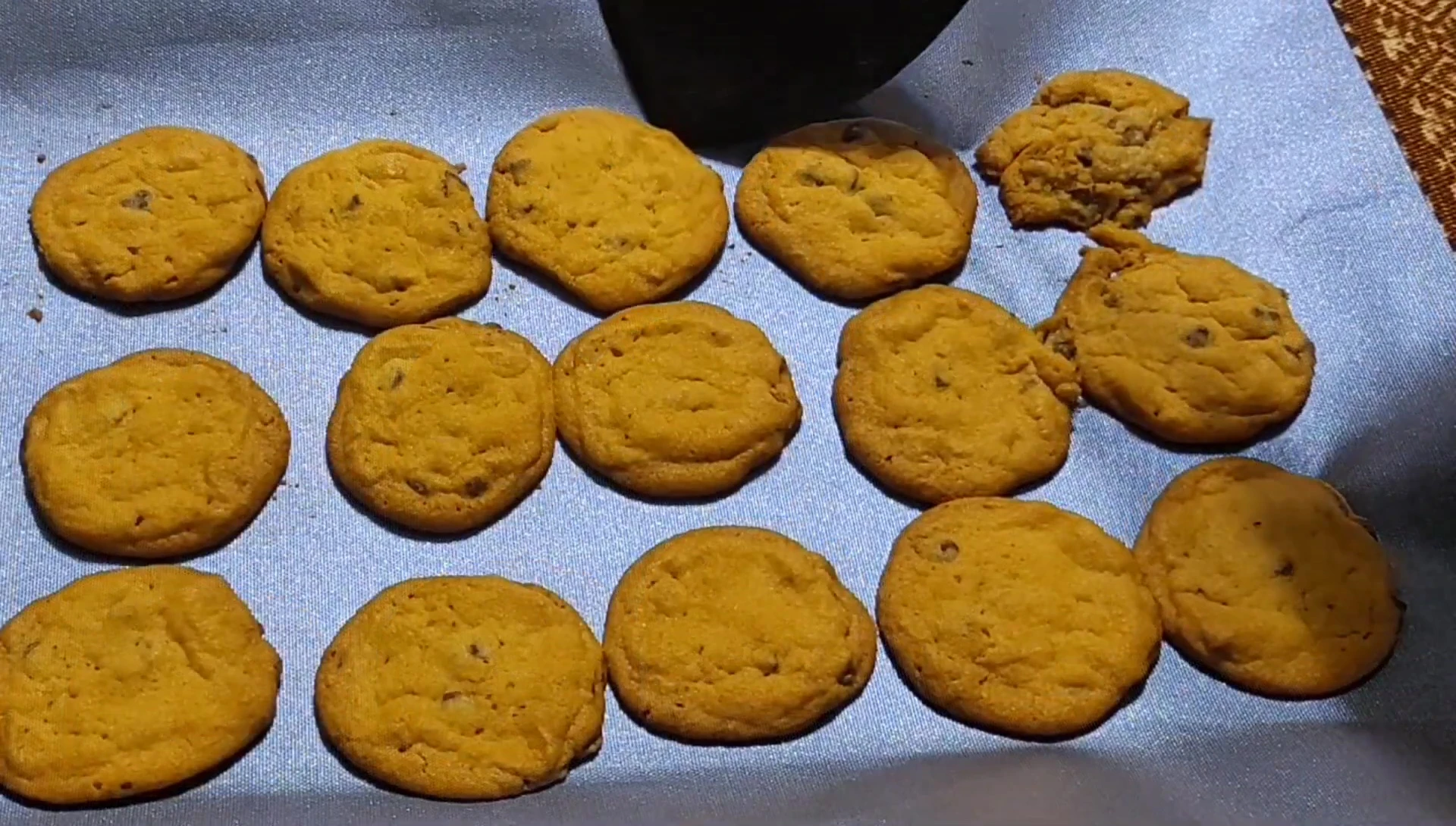 Evenly baked cookies on a non-stick mat.