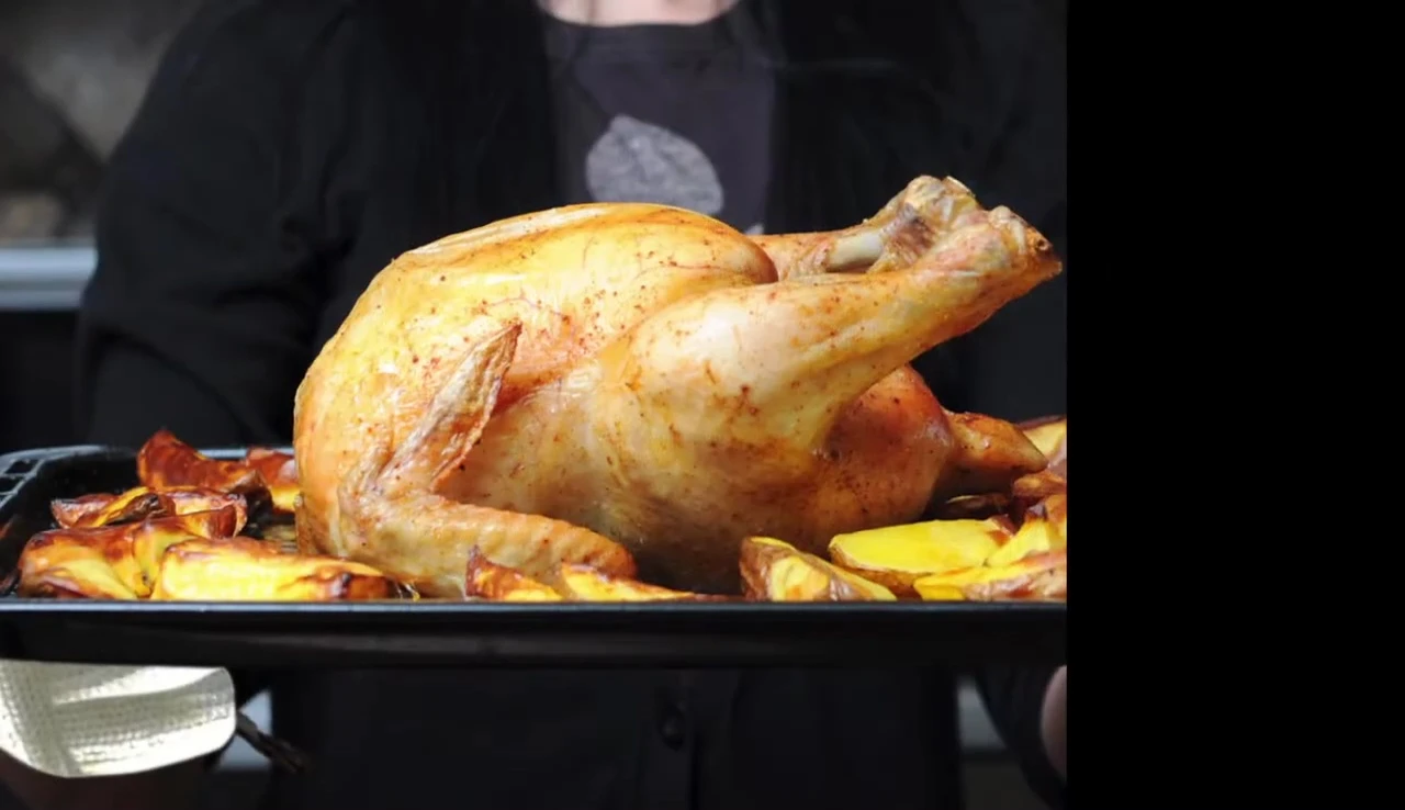 Roasted chicken and potatoes on baking tray