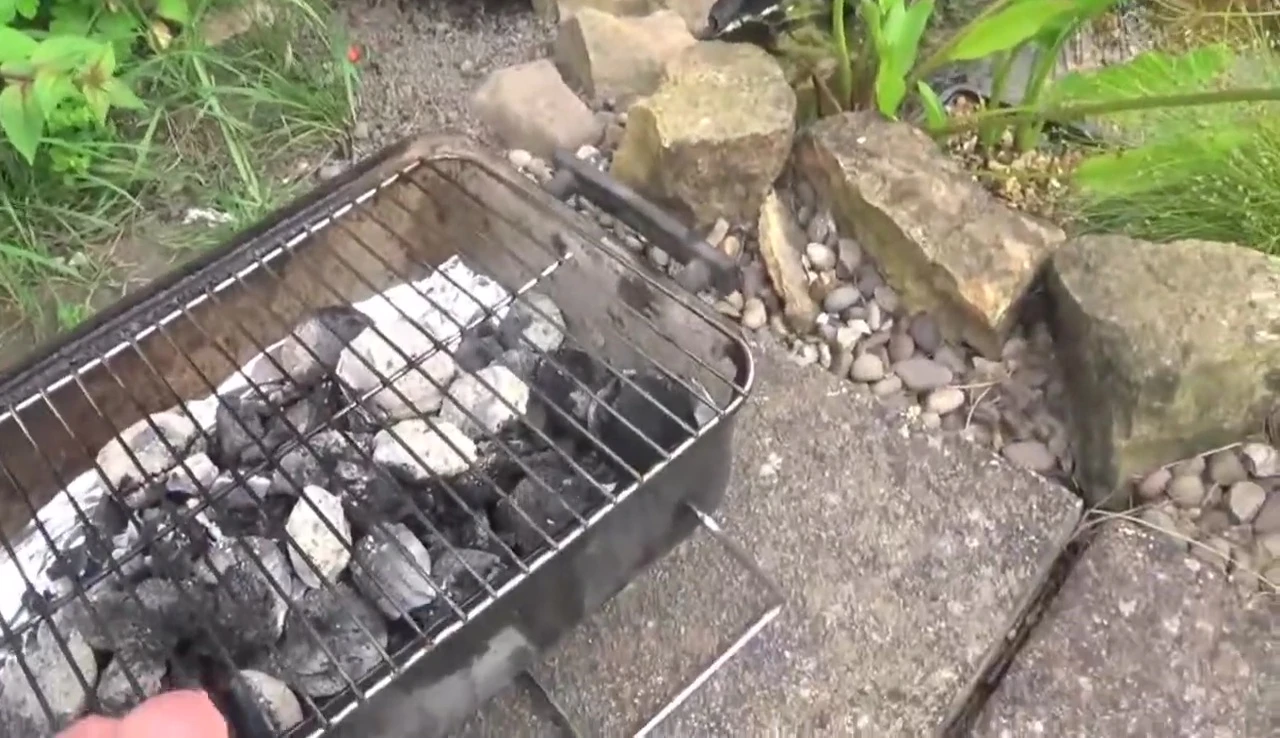 Charcoal briquettes on a grill