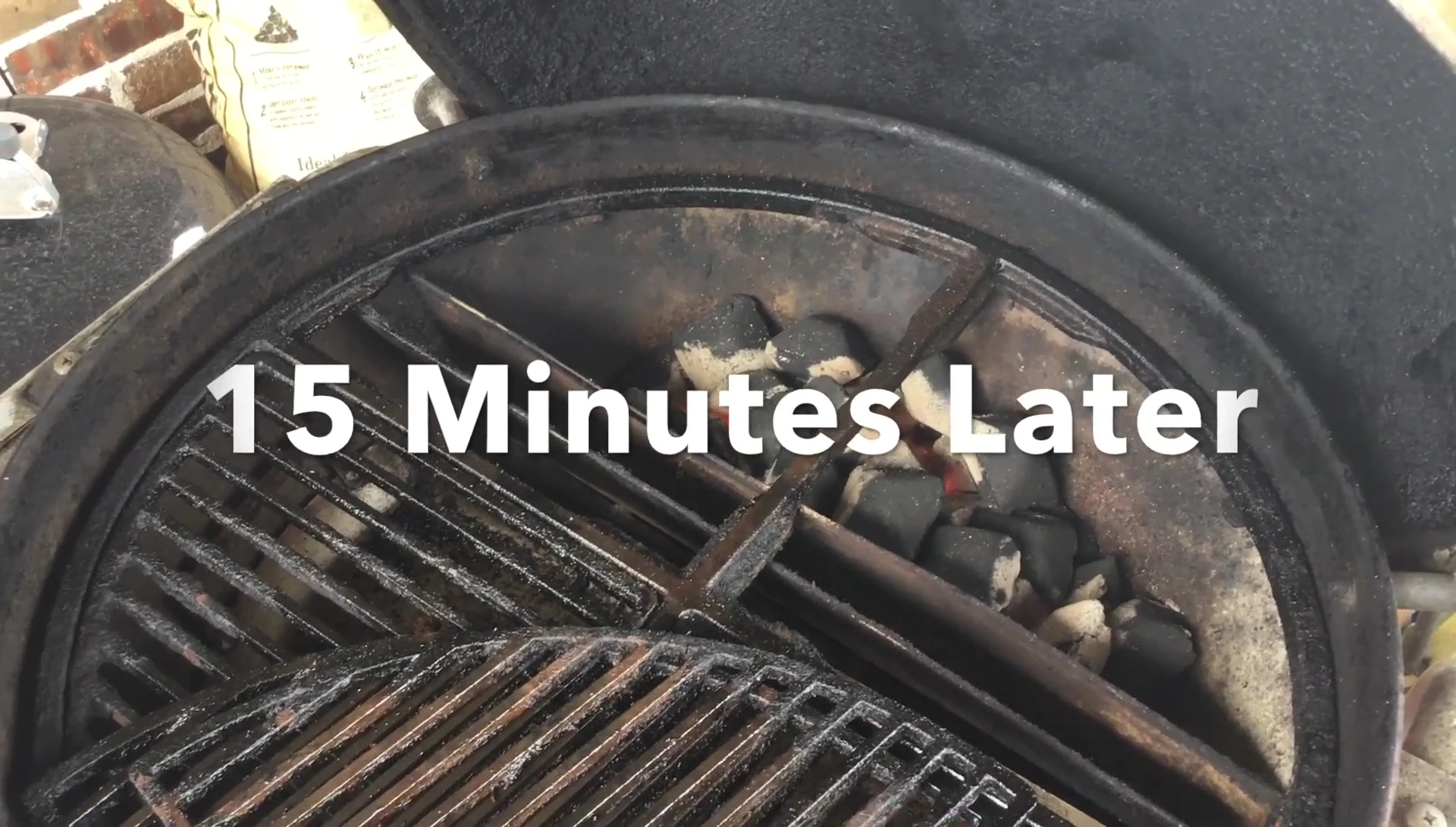 The briquettes partially ashed over after approximately 15 minutes.
