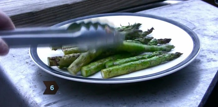 Drizzle leftover marinade over asparagus, cover with tin foil, and let sit for 3 minutes before serving.