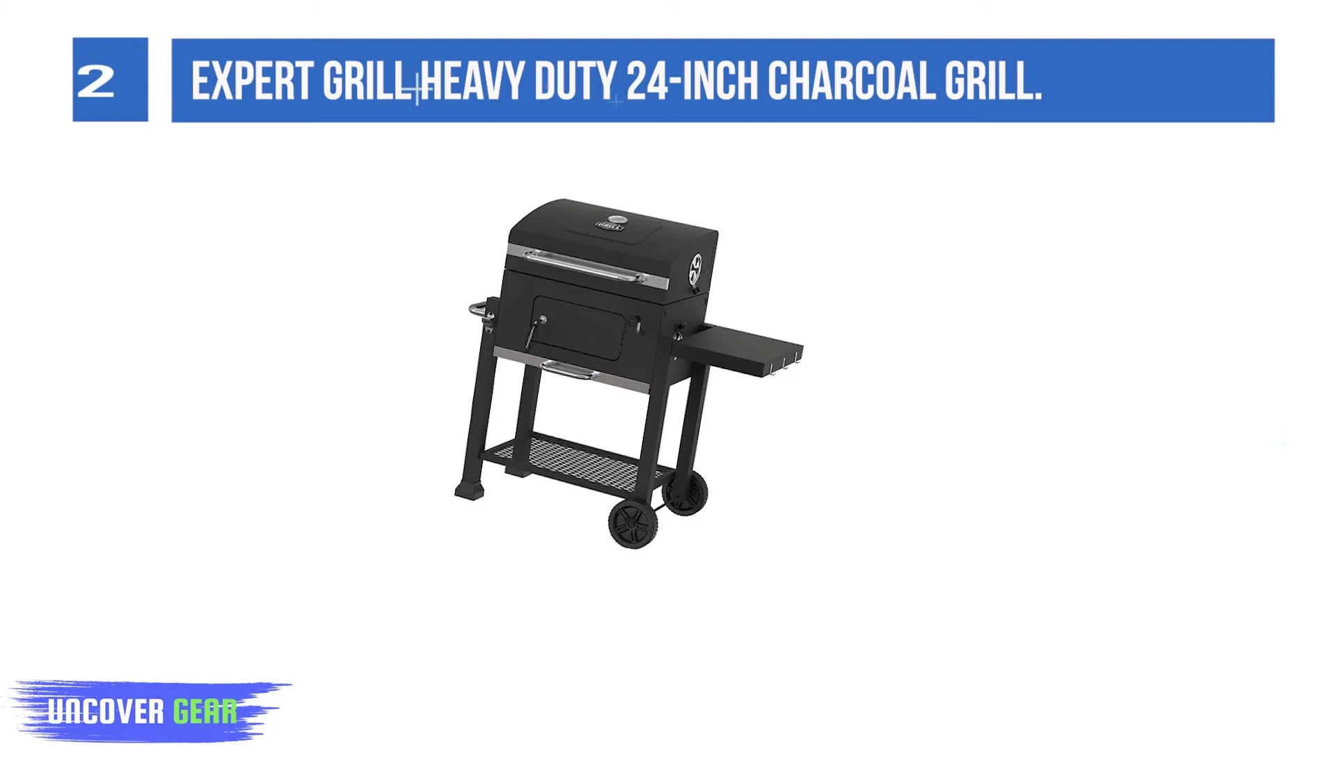 Close-up showing the adjustable charcoal pan and foldable side shelf.
