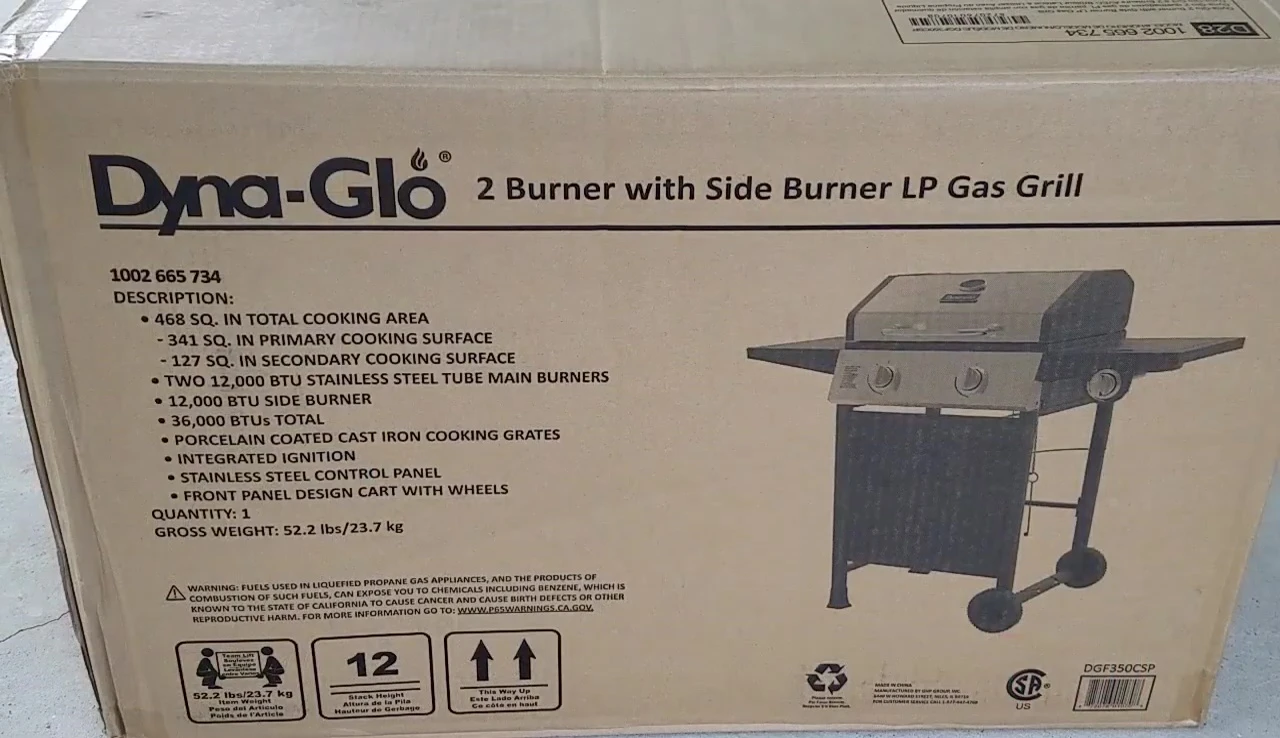 Unboxing the Dyna-Glo gas grill, showing various parts.