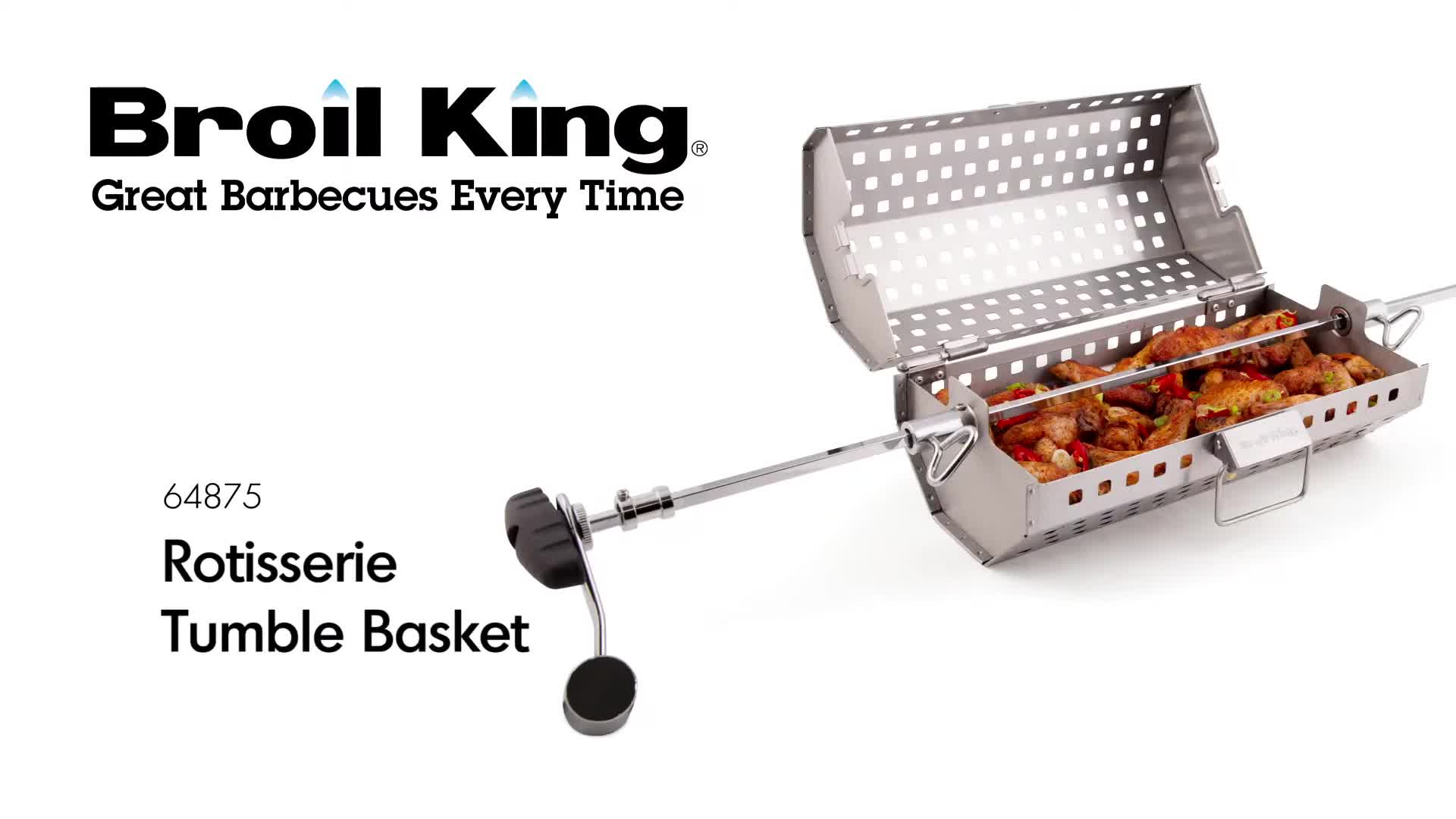 Close-up of the Broil King Rotisserie Tumble Basket on a grill.
