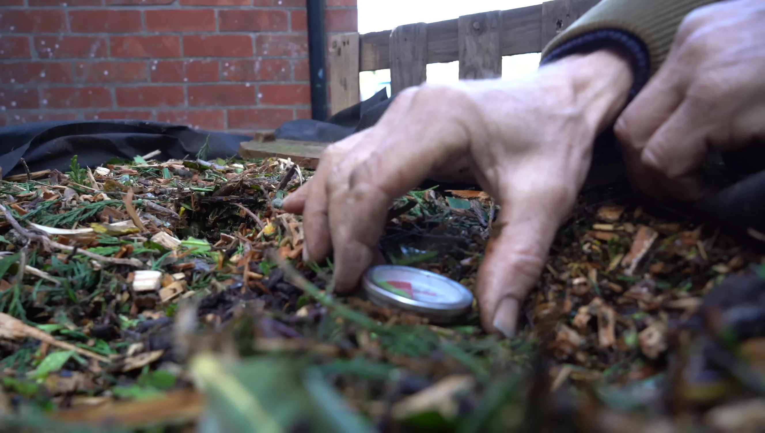 Thermometer measuring the internal temperature of the aerated compost heap.