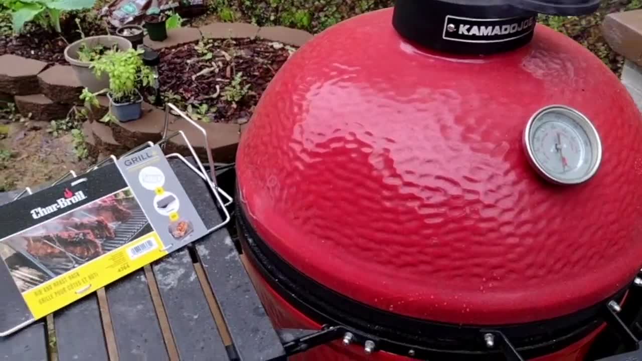 The Char-Broil rib rack packaging and the rack itself before cleaning.