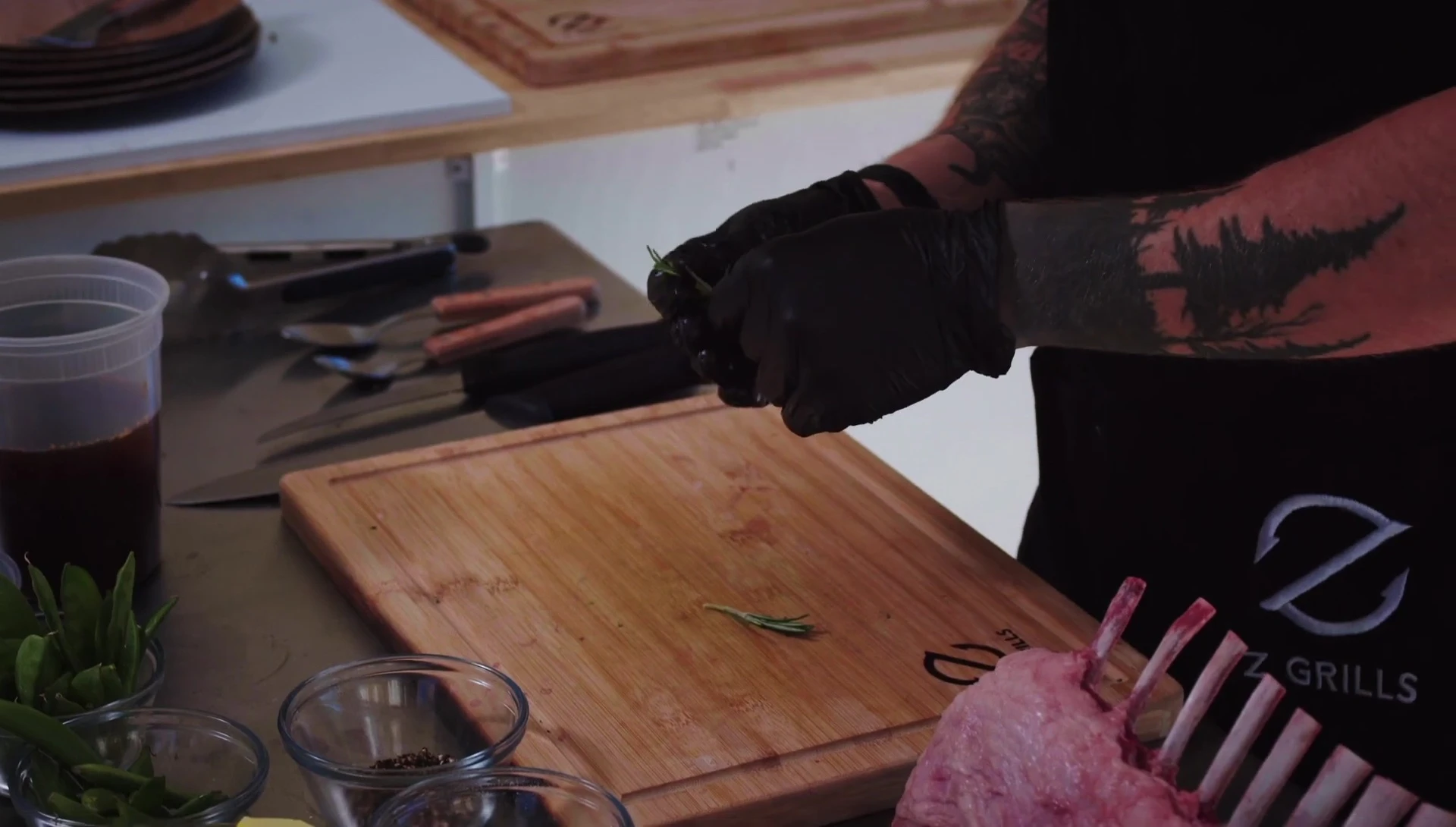Chopping fresh rosemary leaves.