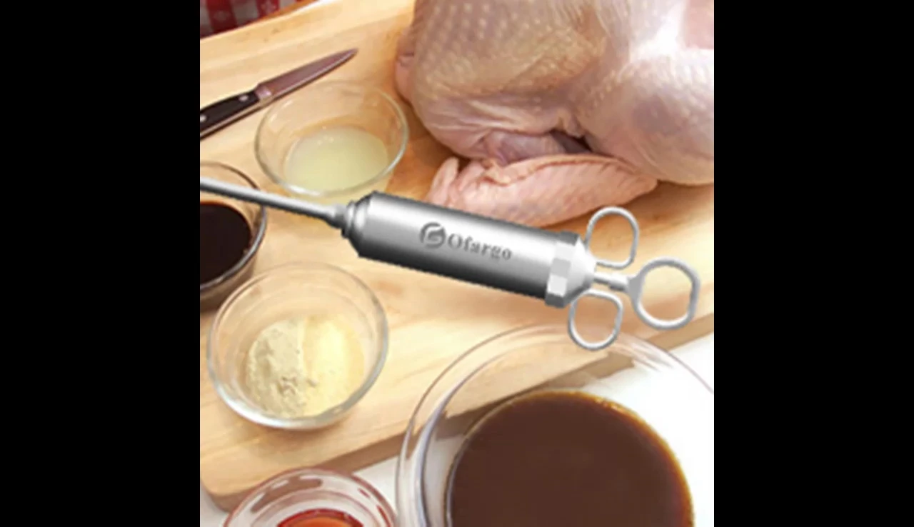 Image showing the meat injector being used with various foods.