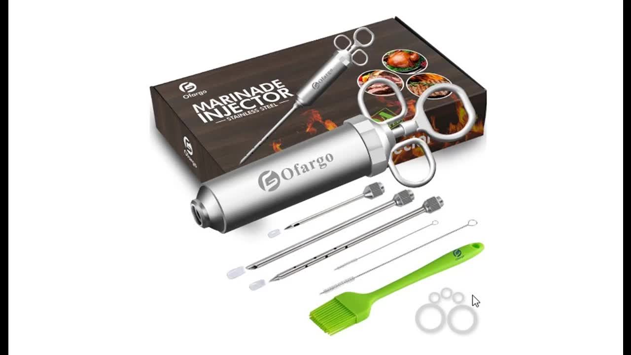 Close-up of the Ofargo meat injector syringe with three needles.