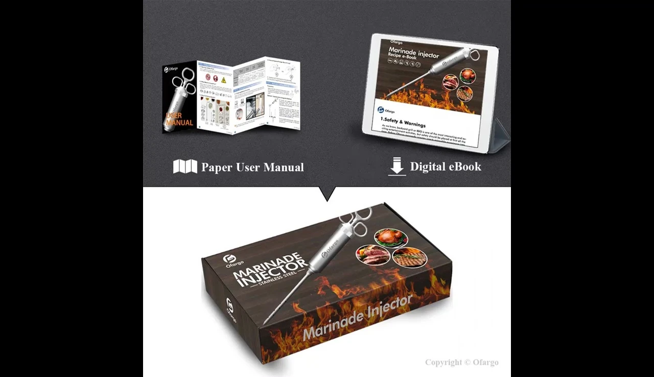 Image highlighting the materials used in the injector: stainless steel, zinc alloy, and silicone.