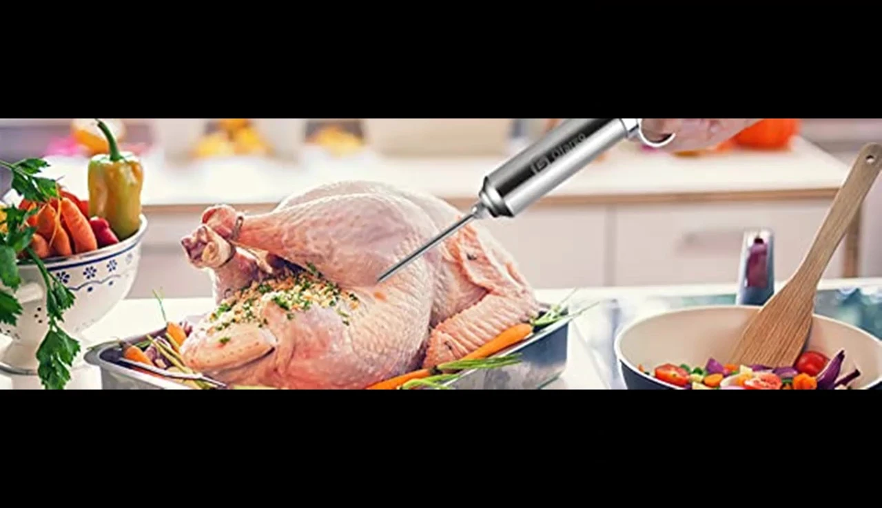 Close-up of the needles penetrating meat.