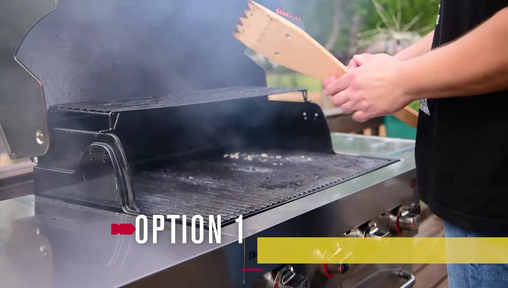 Using the Char-Broil safer combo brush on hot grates.