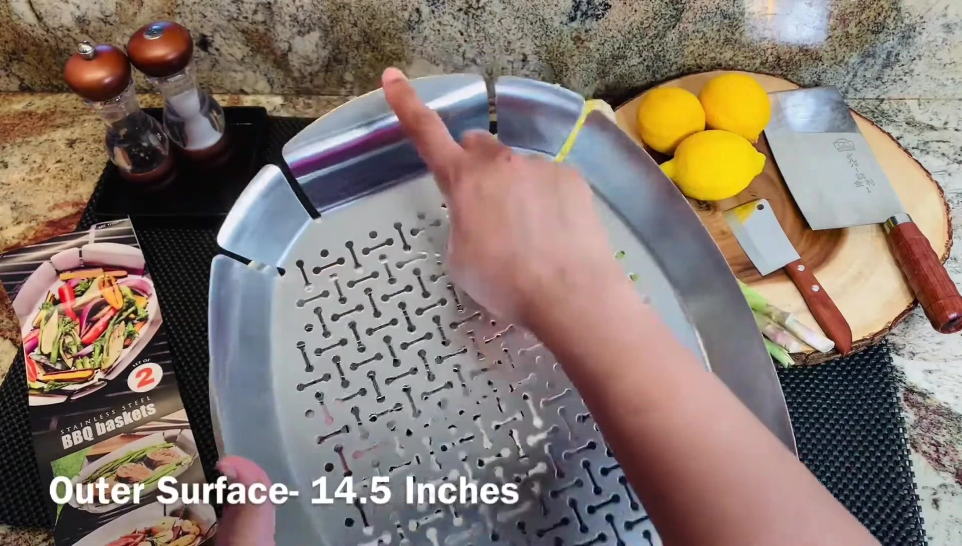The presenter measuring the length of a basket.