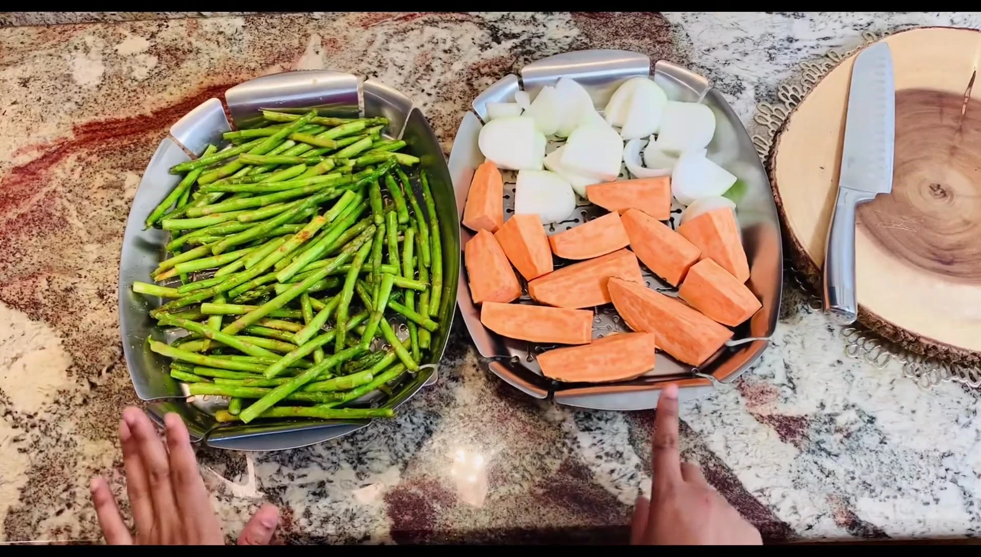 The prepared vegetables in the grill baskets