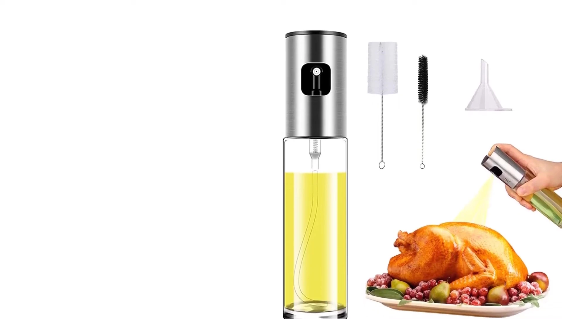 Close-up of the stainless steel nozzle and bottle.