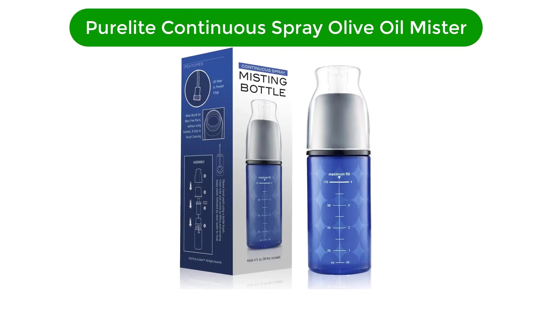 The Pure Light olive oil mister, highlighting its unique blue color.