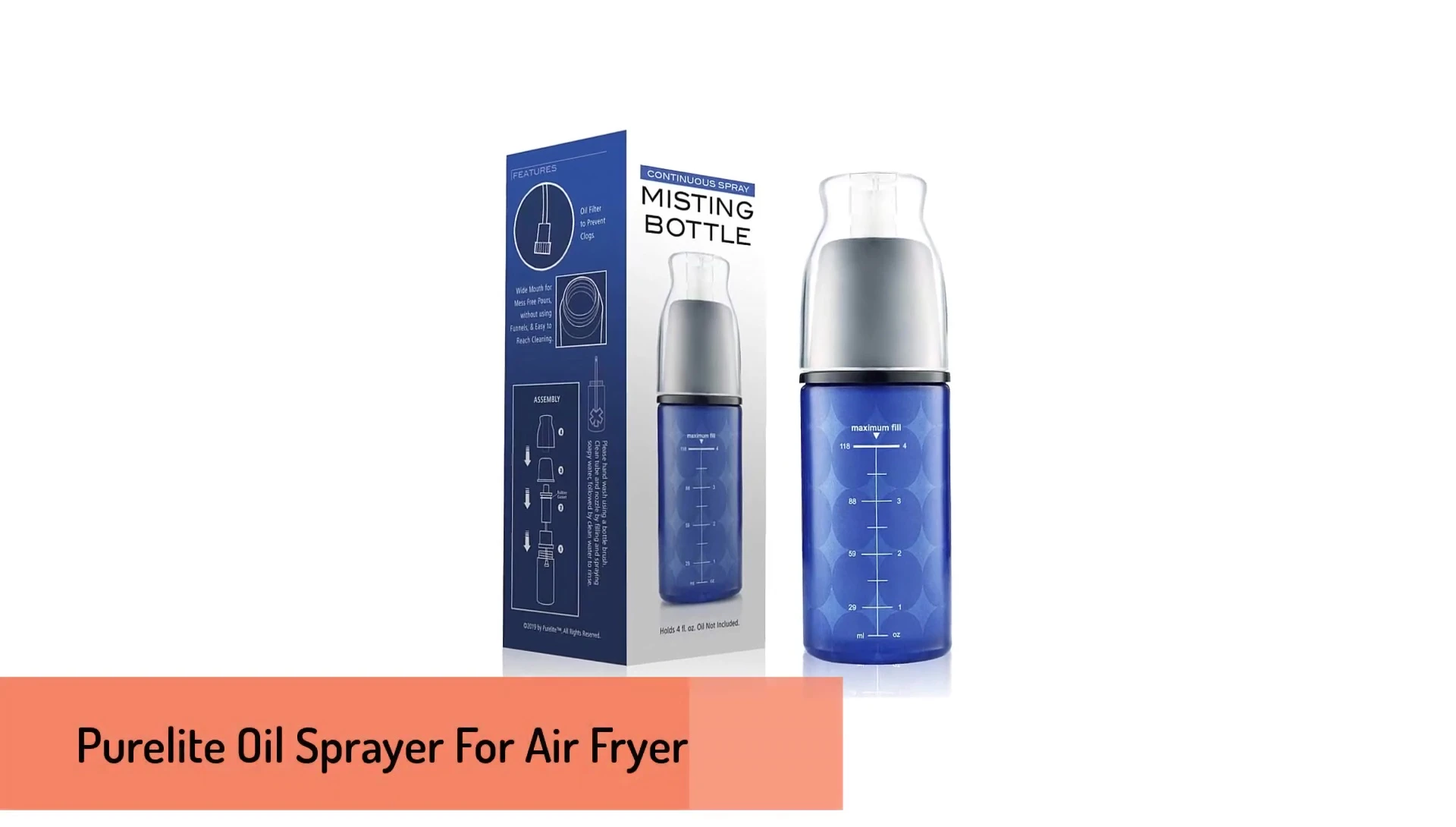 The Pure Light oil sprayer showcasing its blue glass bottle.