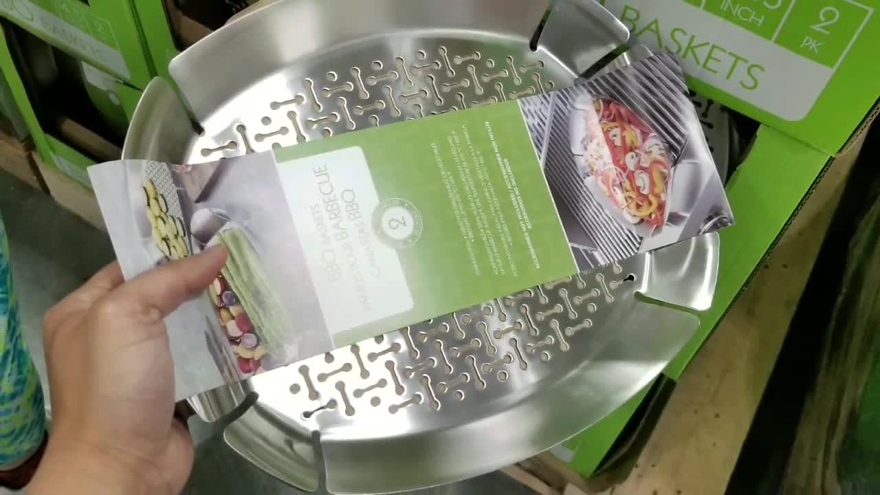 Close-up shot of the stainless steel BBQ baskets on display at Costco.