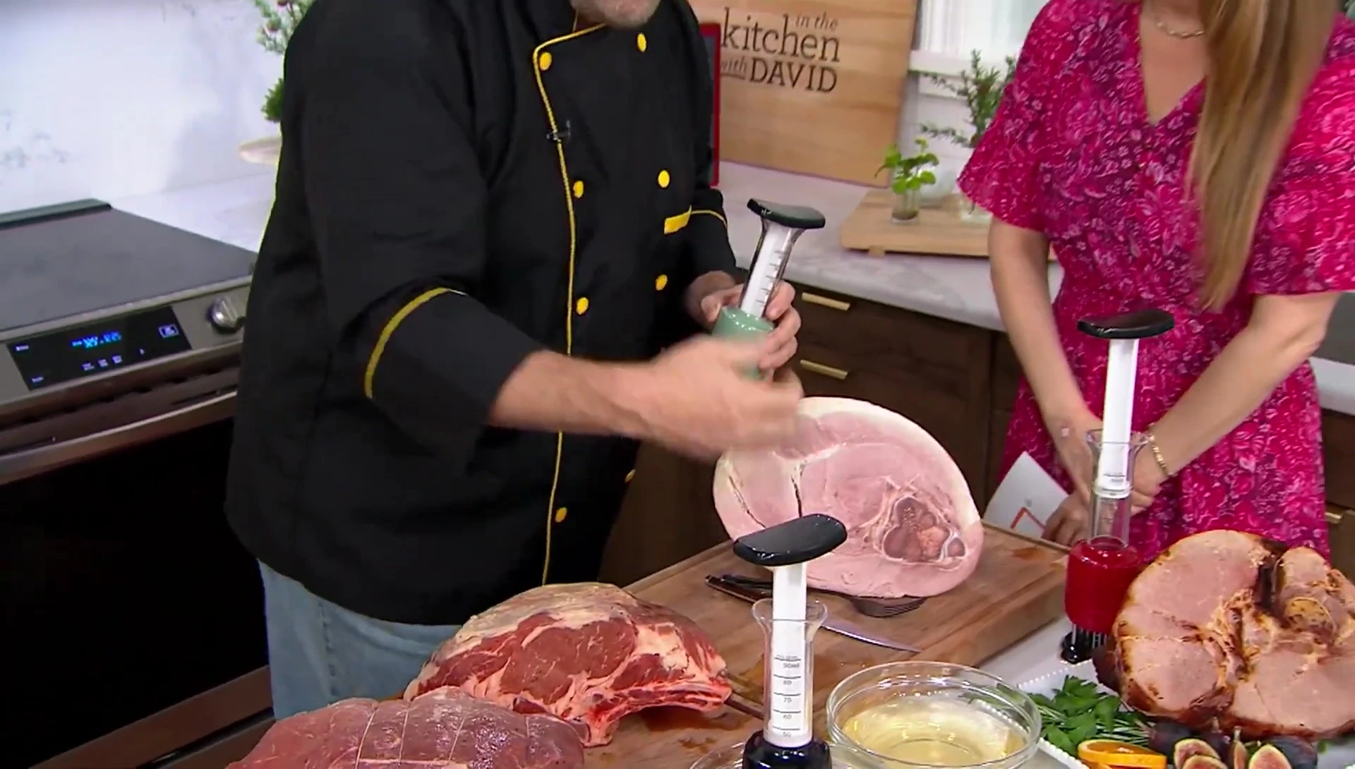 Injecting champagne into a ham