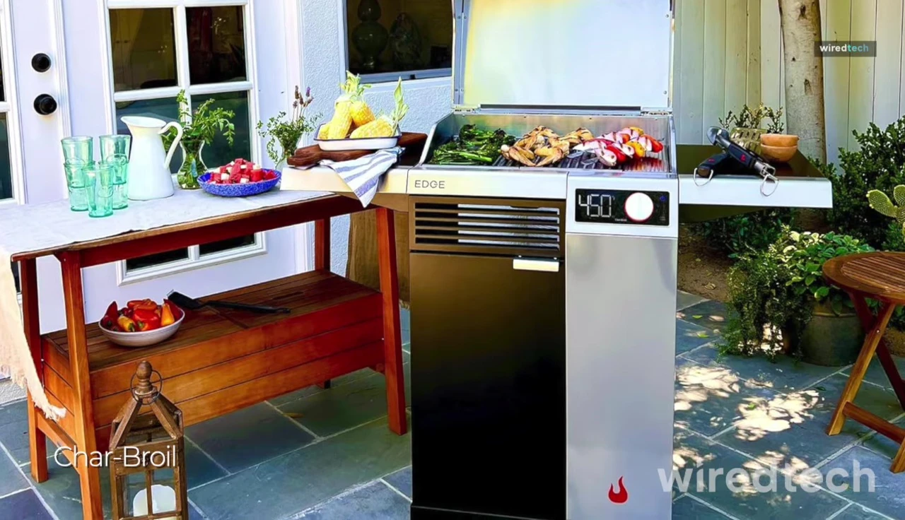 The Char-Broil Edge electric grill in a backyard setting