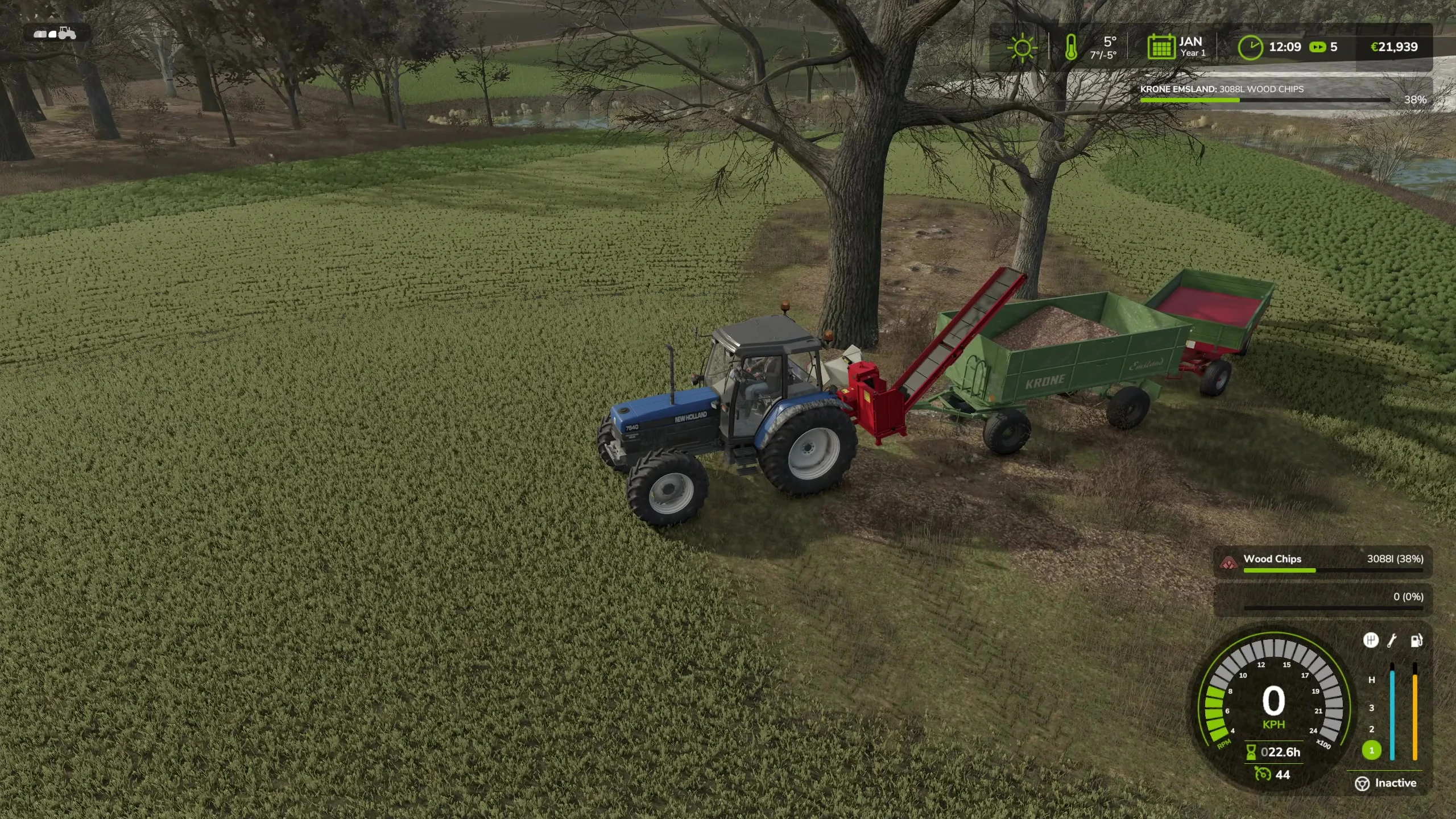 The player checking the amount of wood chips produced.