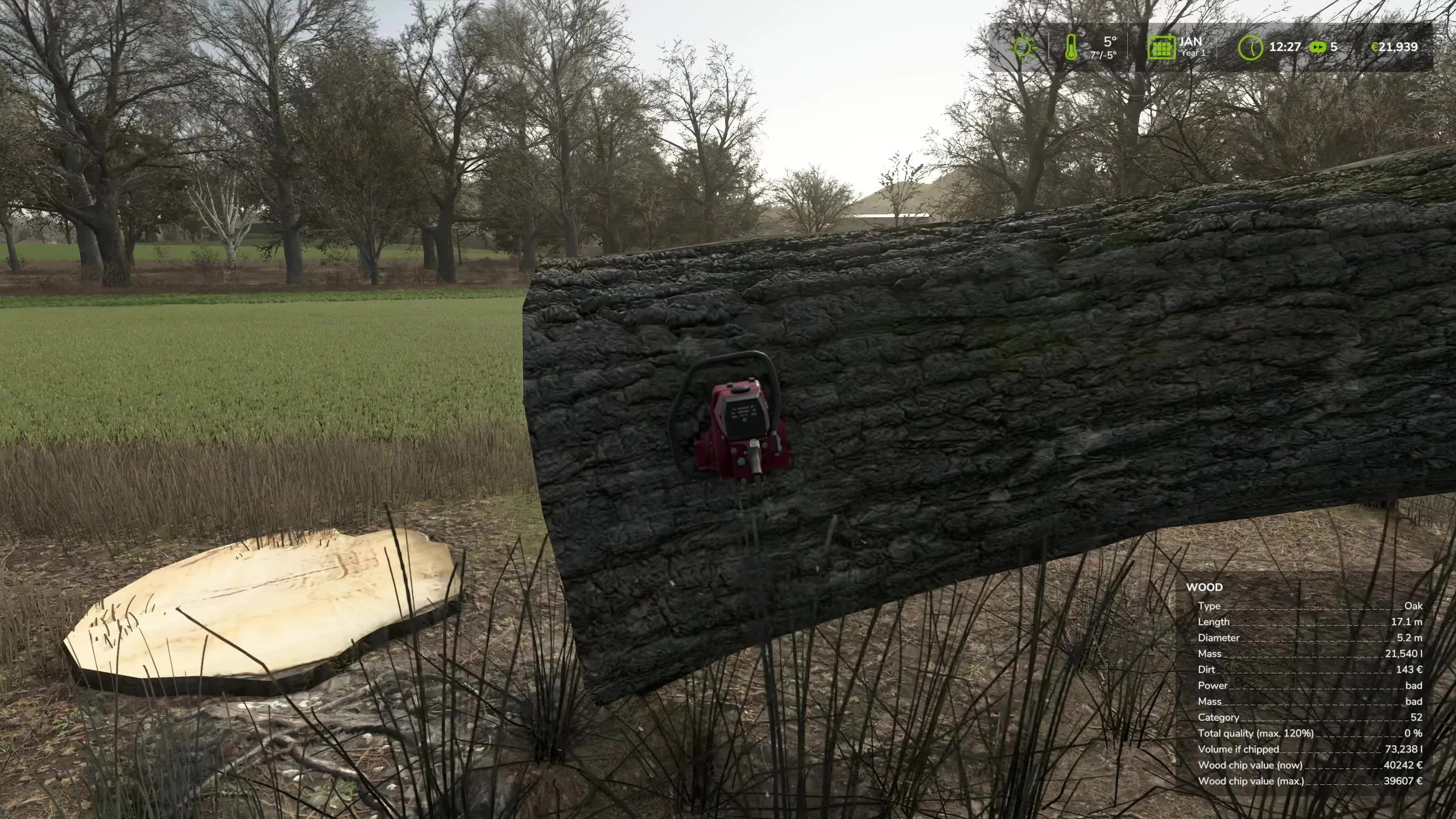 The player reviewing the total amount of wood chips collected.