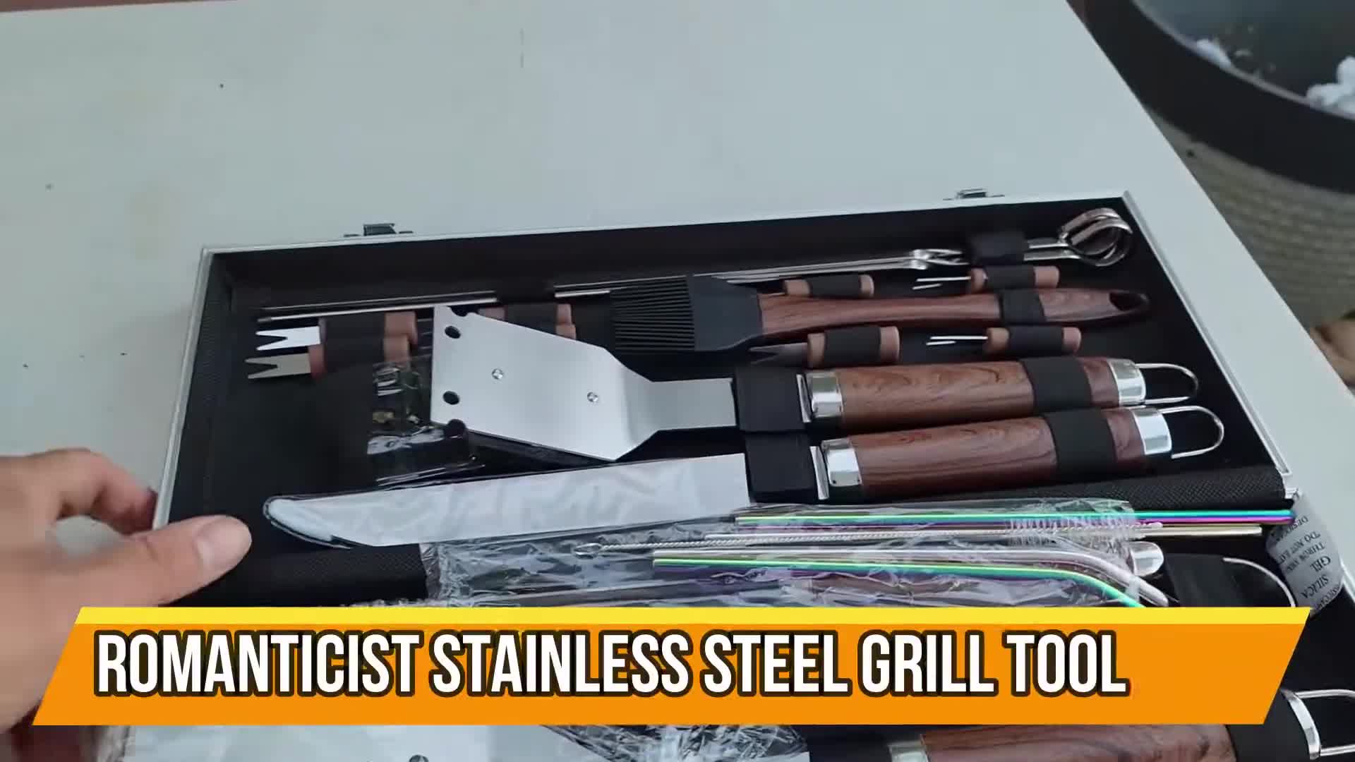Overview of the grill tool set inside its carrying case.