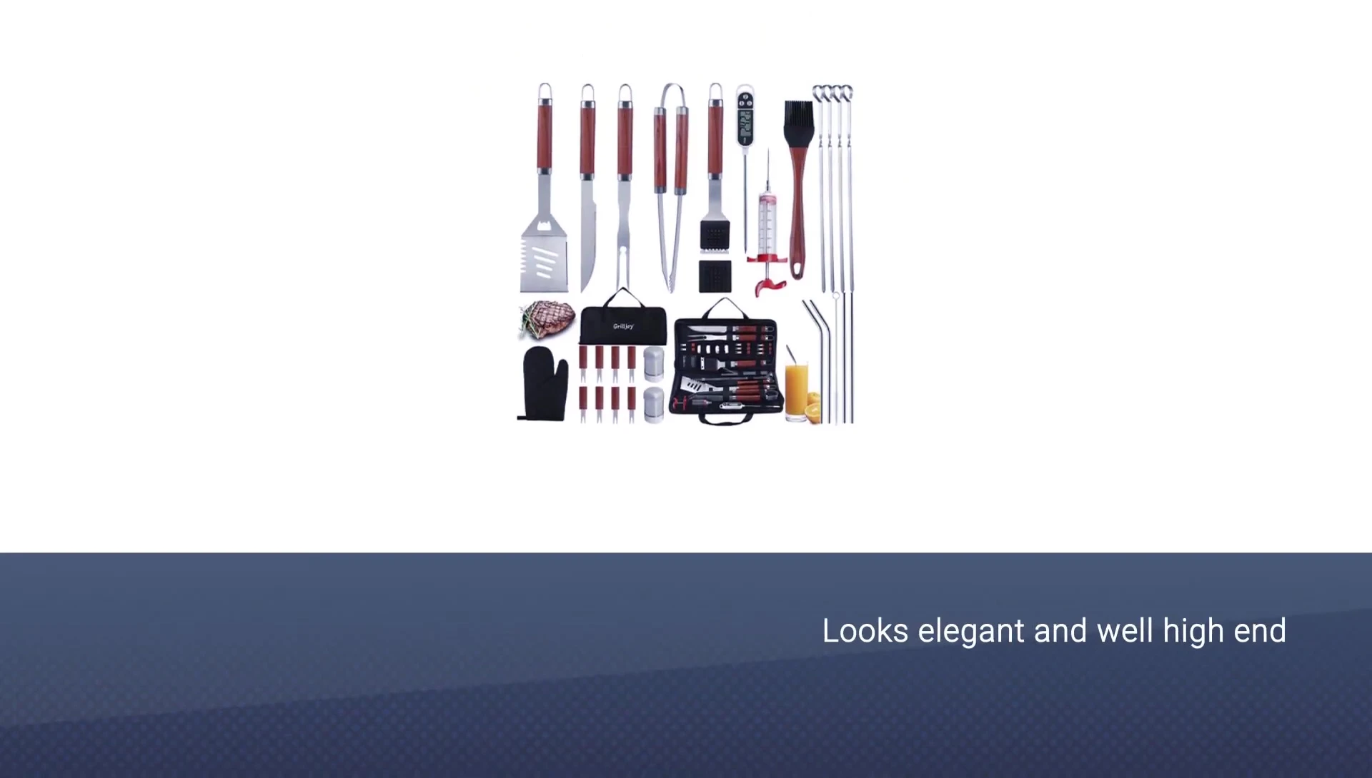 Close-up of GrillJoy tools, highlighting the digital thermometer and other accessories