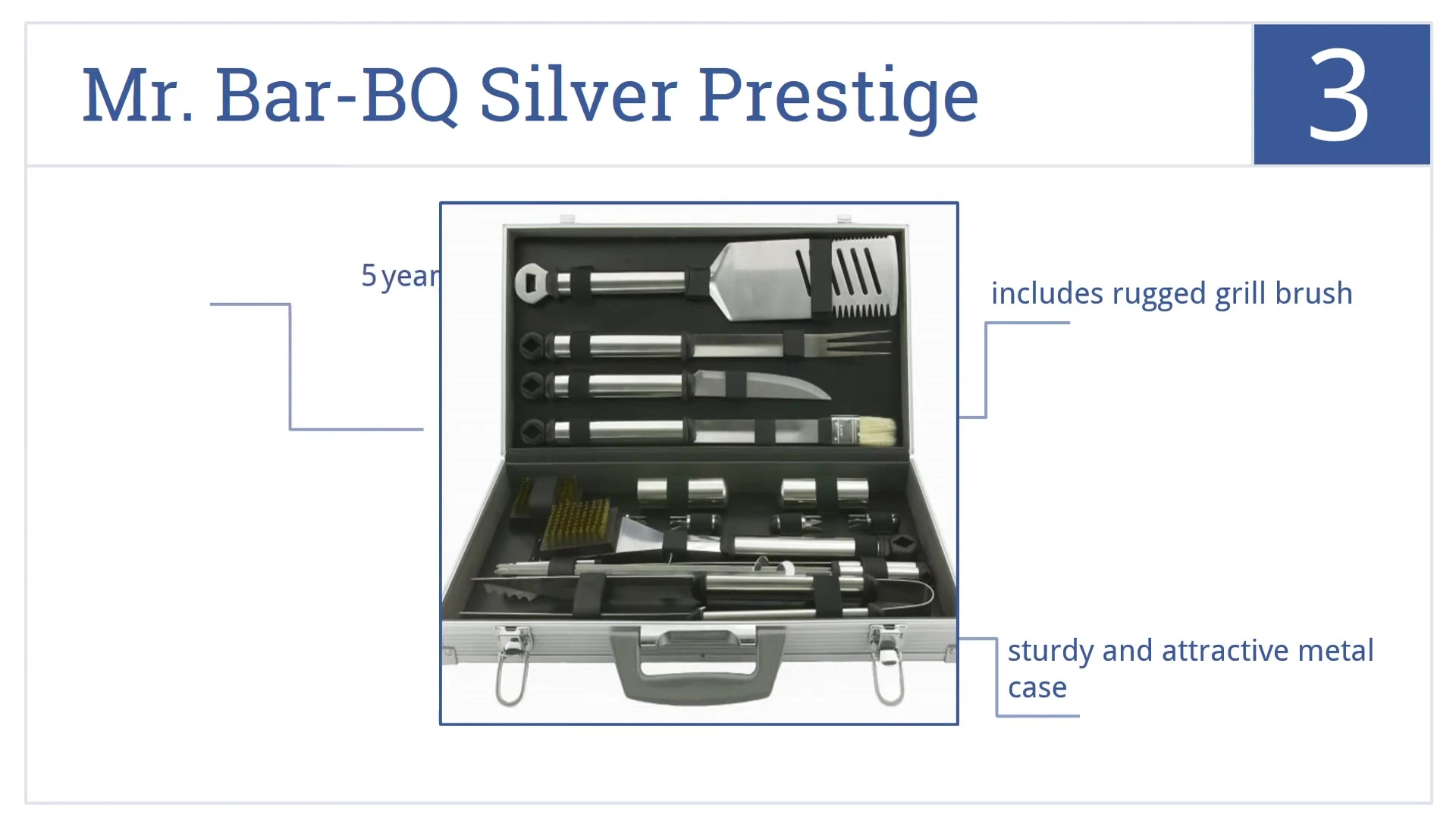 The metal carrying case of the Mr. BBQ Silver Prestige set.