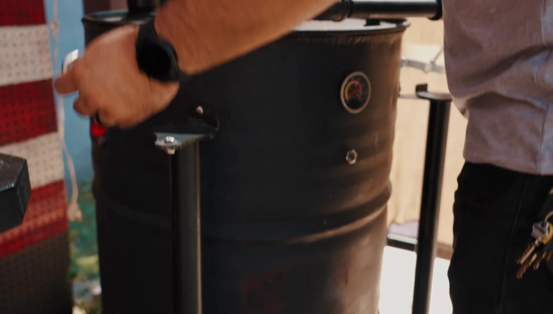 Close-up of food cooking in the drum smoker