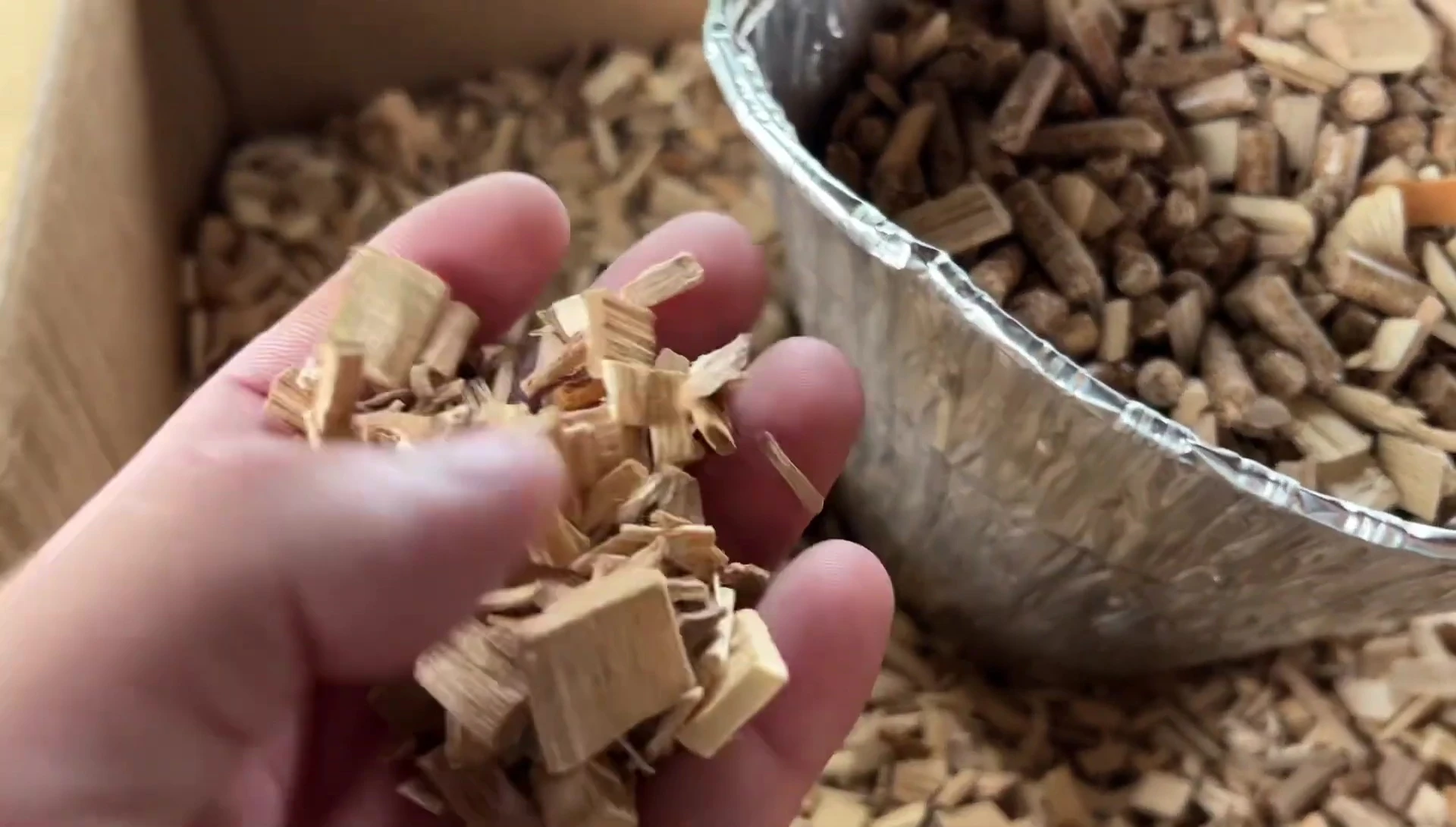 Close-up of the small hickory wood chips