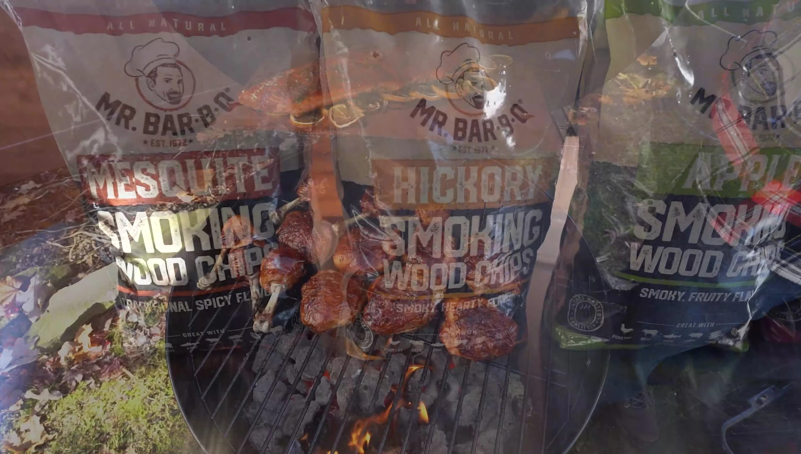 Visual representation of hickory and mesquite wood chips, emphasizing their strong smoky profiles.