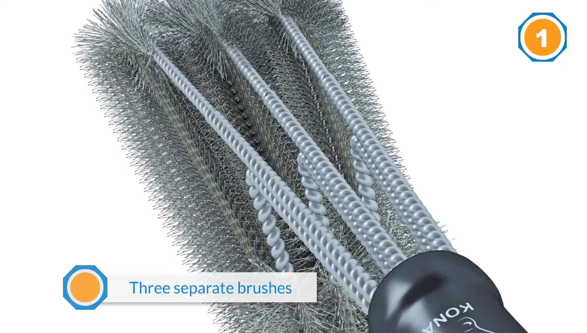 Demonstration of the Kona 360 brush in action, cleaning both the top and sides of the grill grates.