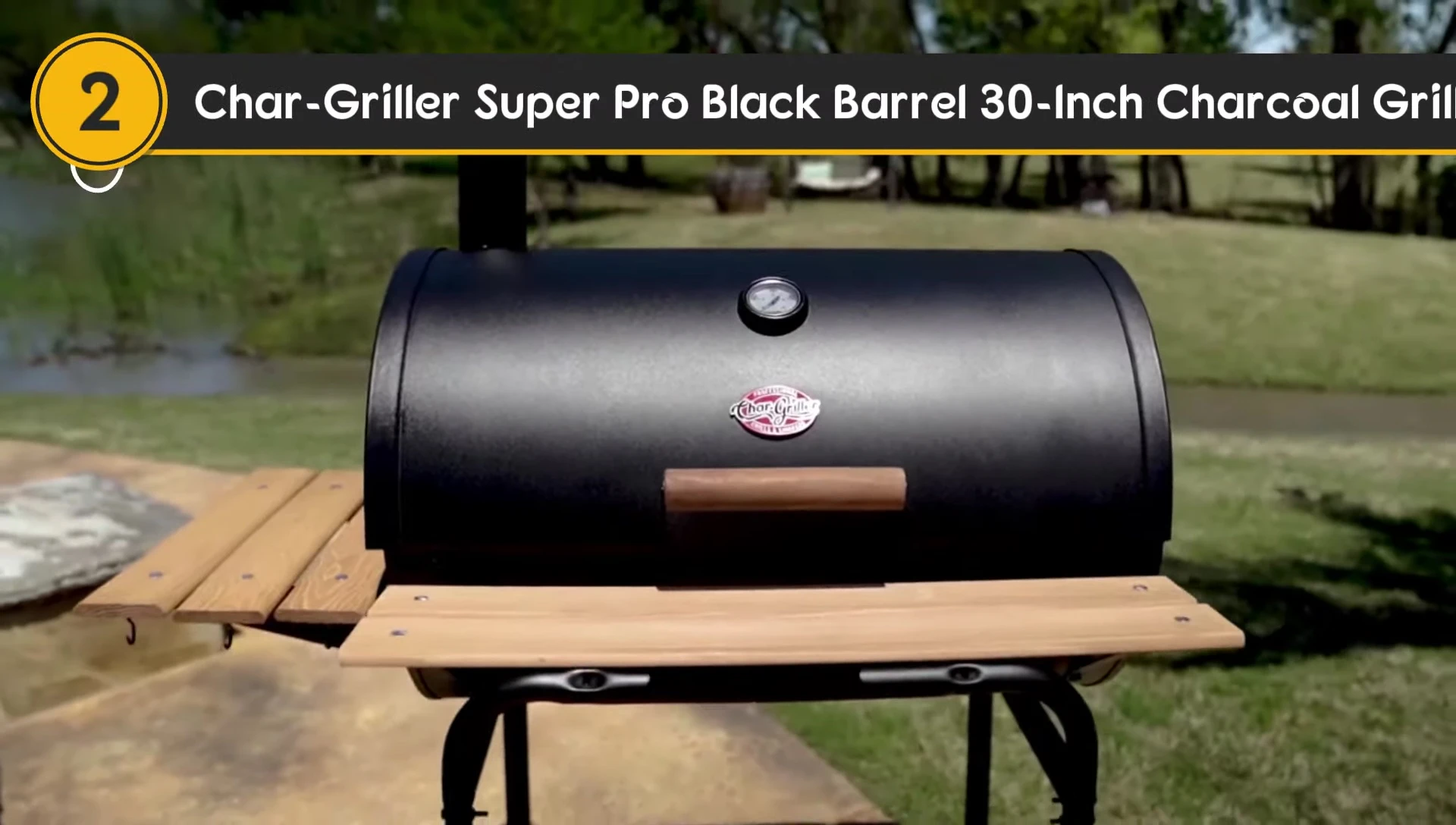 Char-Griller Super Pro Black Barrel 30in Charcoal Grill showing its barrel design.