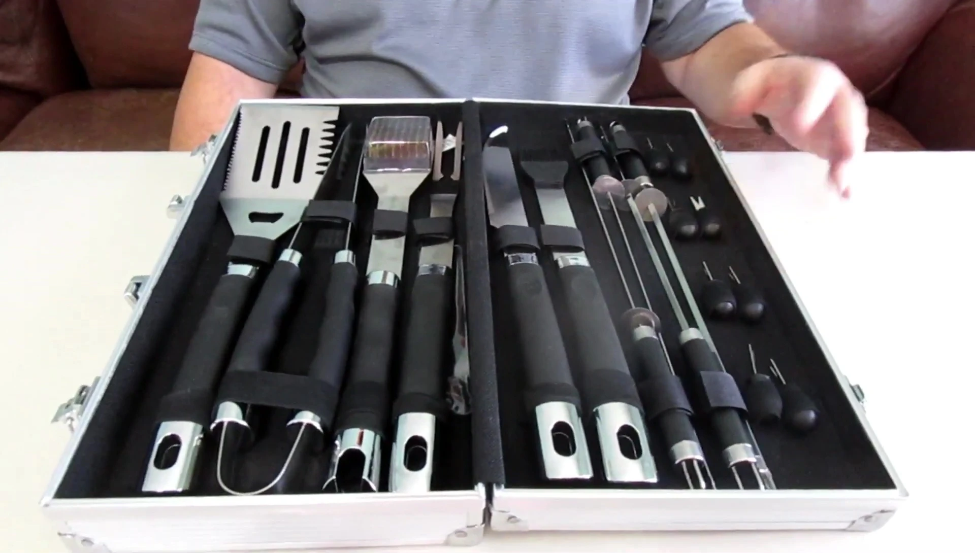 Close-up of the tools arranged in the case.