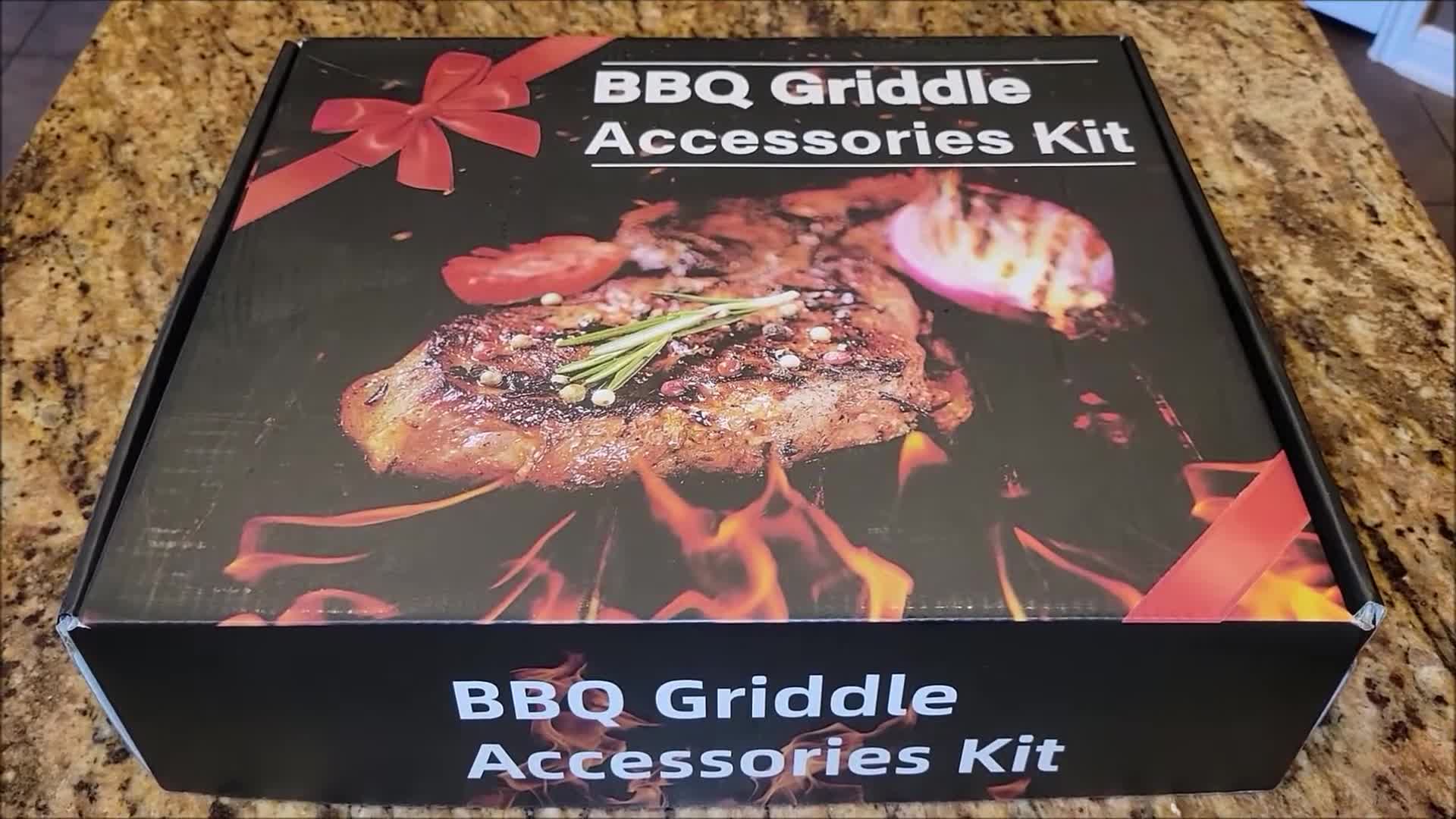 Close-up shot of the unopened BBQ accessory kit box.