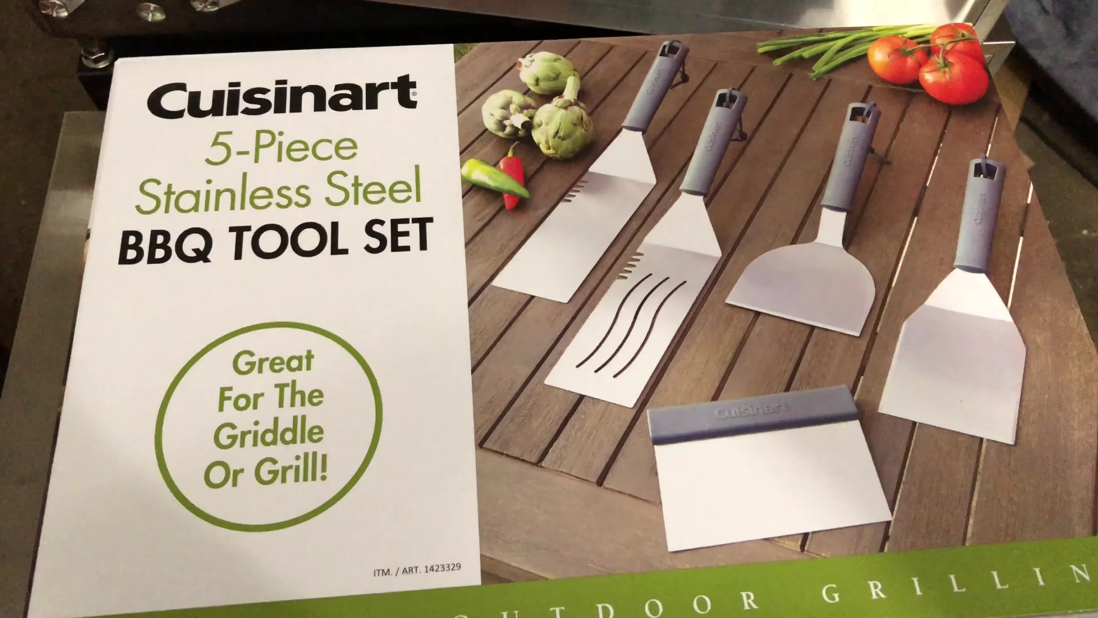Close-up of the Cuisinart 5-piece BBQ tool set box.