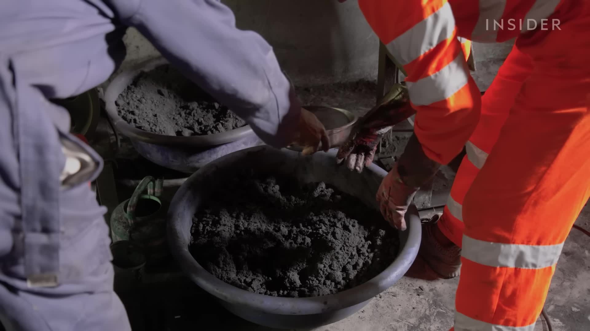 Close-up of coconut shells being processed.